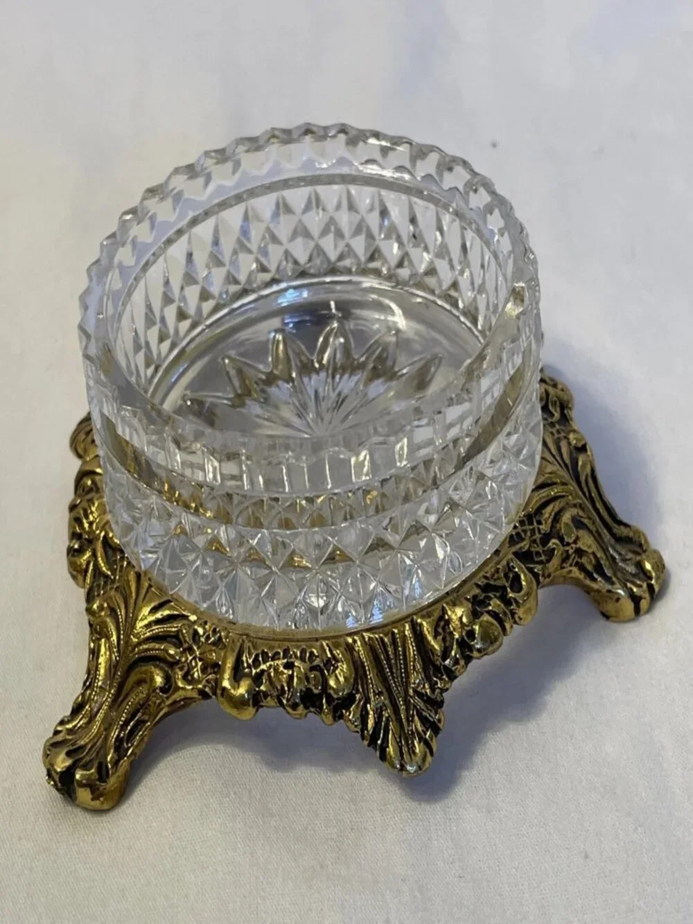 Vintage Crystal Salt Cellar Set Gold Filigree Footed Condiment Jam Bowls Spoon